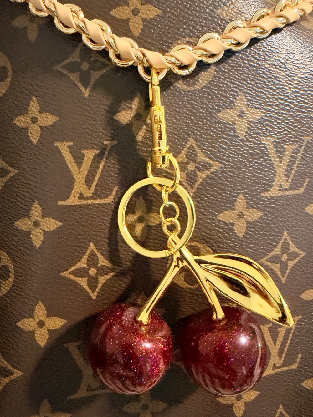 Red Glitter Cherry Bag Charm Keychain Gold Tone Purse Accessory